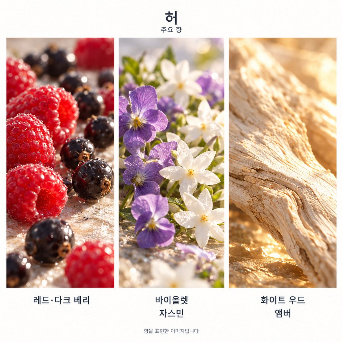 버버리 허 오 드 퍼퓸 주요 향: 레드·다크 베리·바이올렛·자스민·화이트 우드·앰버. 향을 표현한 이미지입니다.