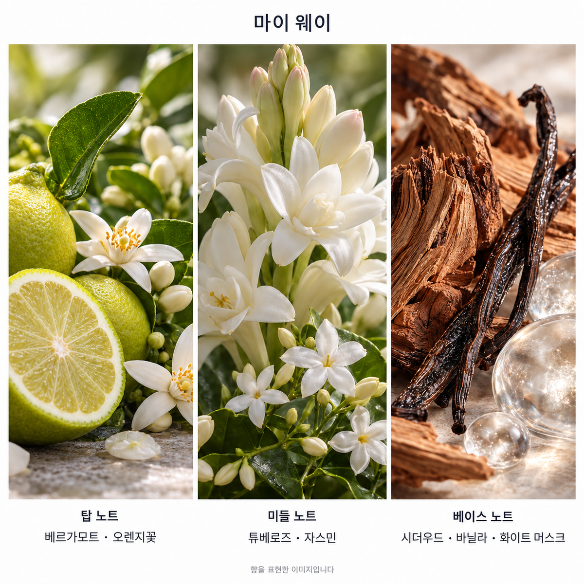 마이 웨이 향 노트: 탑 베르가모트·오렌지꽃, 미들 튜베로즈·자스민, 베이스 시더우드·바닐라·화이트 머스크. 향을 표현한 이미지입니다.