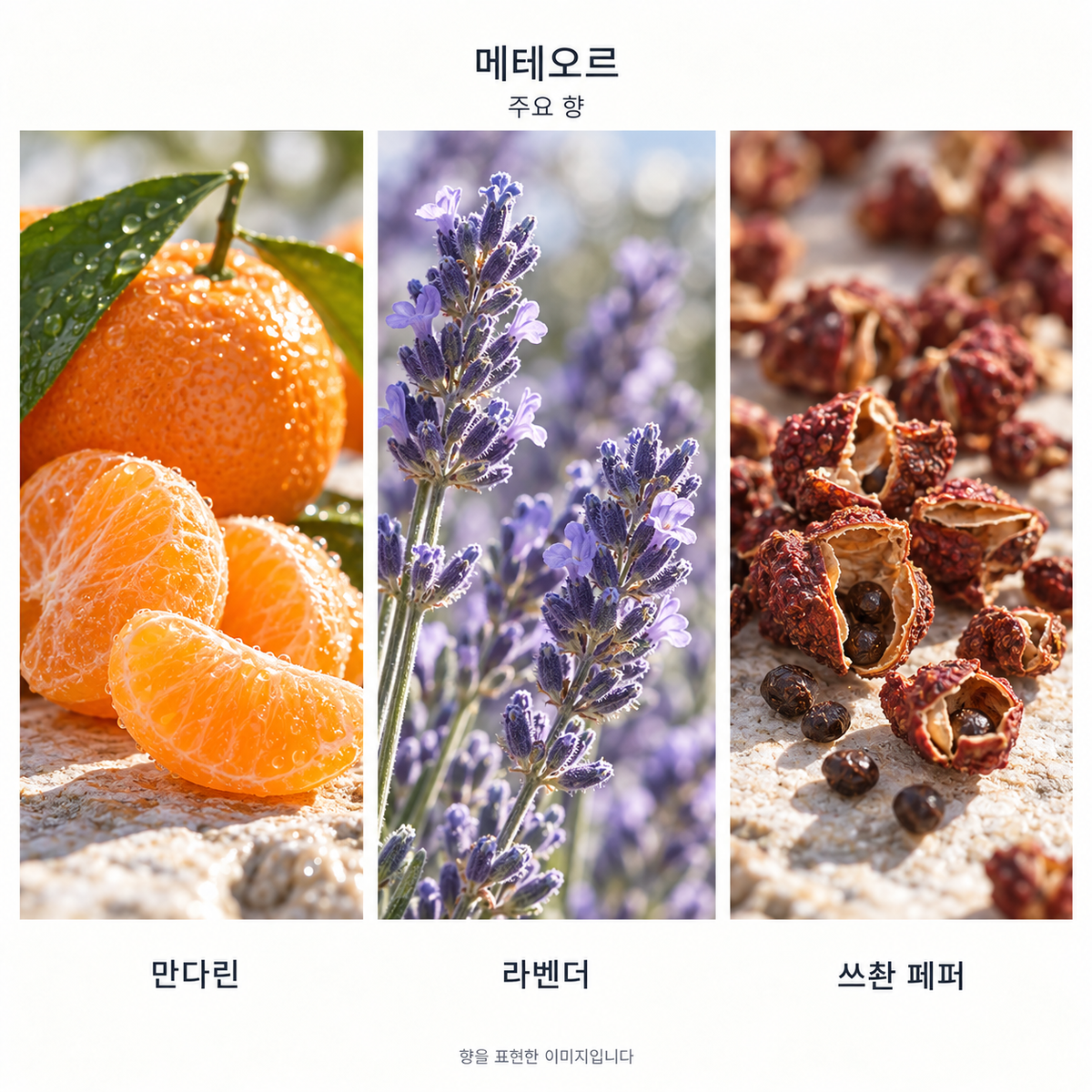 루이비통 메테오르 오 드 퍼퓸 주요 향: 만다린·라벤더·쓰촨 페퍼. 향을 표현한 이미지입니다.