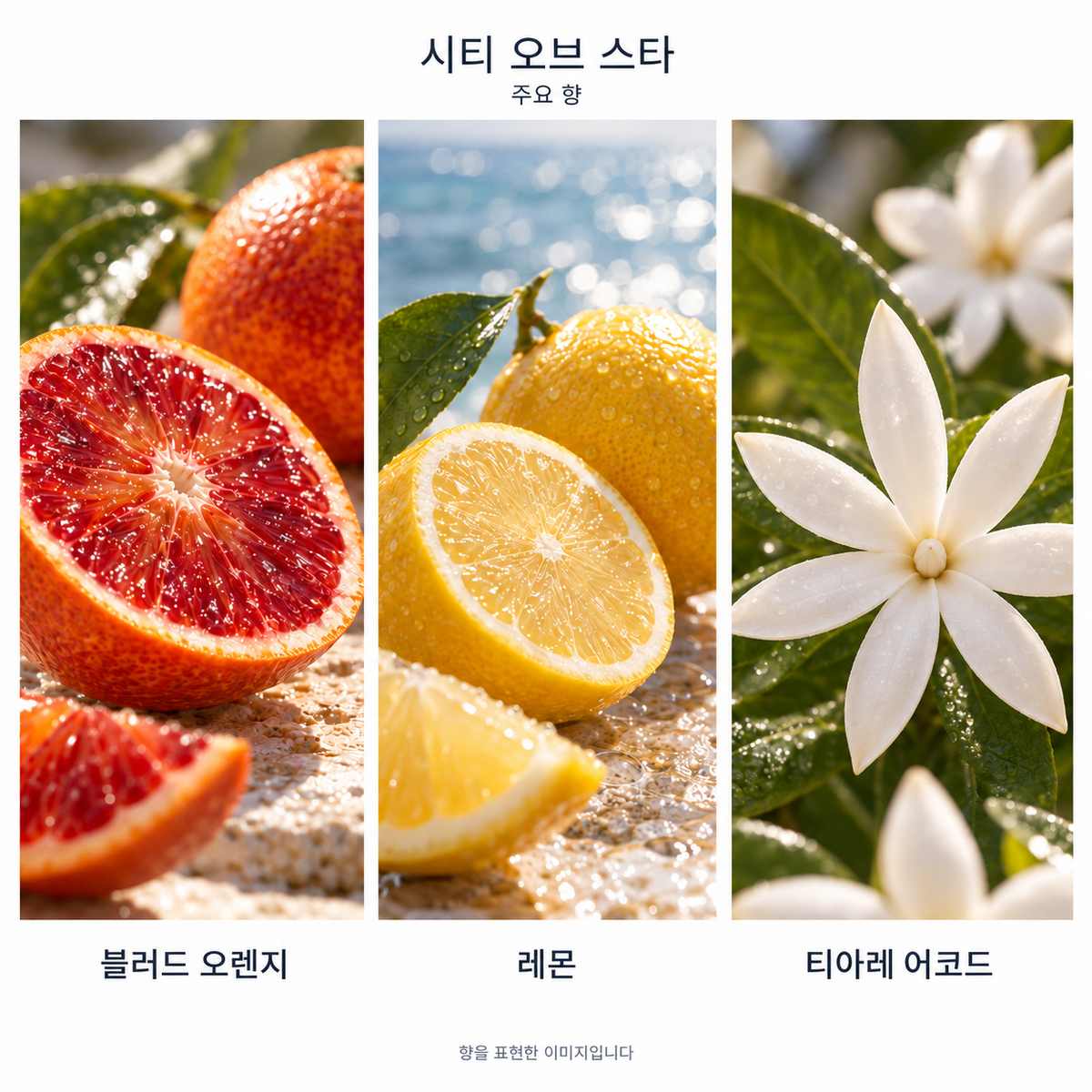 루이비통 시티 오브 스타 오 드 퍼퓸 주요 향: 블러드 오렌지·레몬·티아레 어코드. 향을 표현한 이미지입니다.