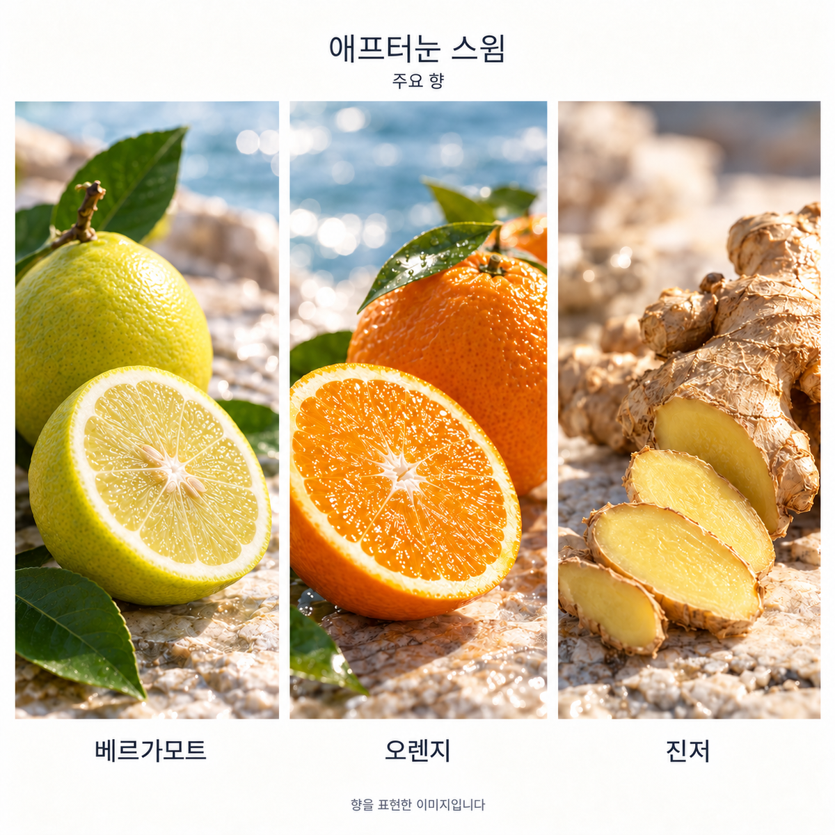 루이비통 애프터눈 스윔 오 드 퍼퓸 주요 향: 베르가모트·오렌지·진저. 향을 표현한 이미지입니다.