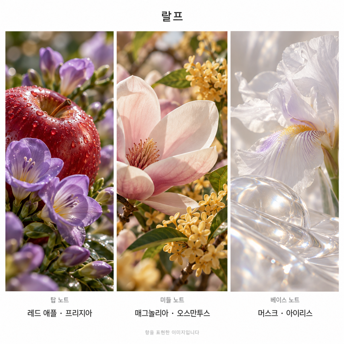 랄프 로렌 랄프 오 드 뚜왈렛 100ml 향기 노트: 탑 레드 애플·프리지아, 미들 매그놀리아·오스만투스, 베이스 머스크·아이리스. 향을 표현한 이미지입니다.