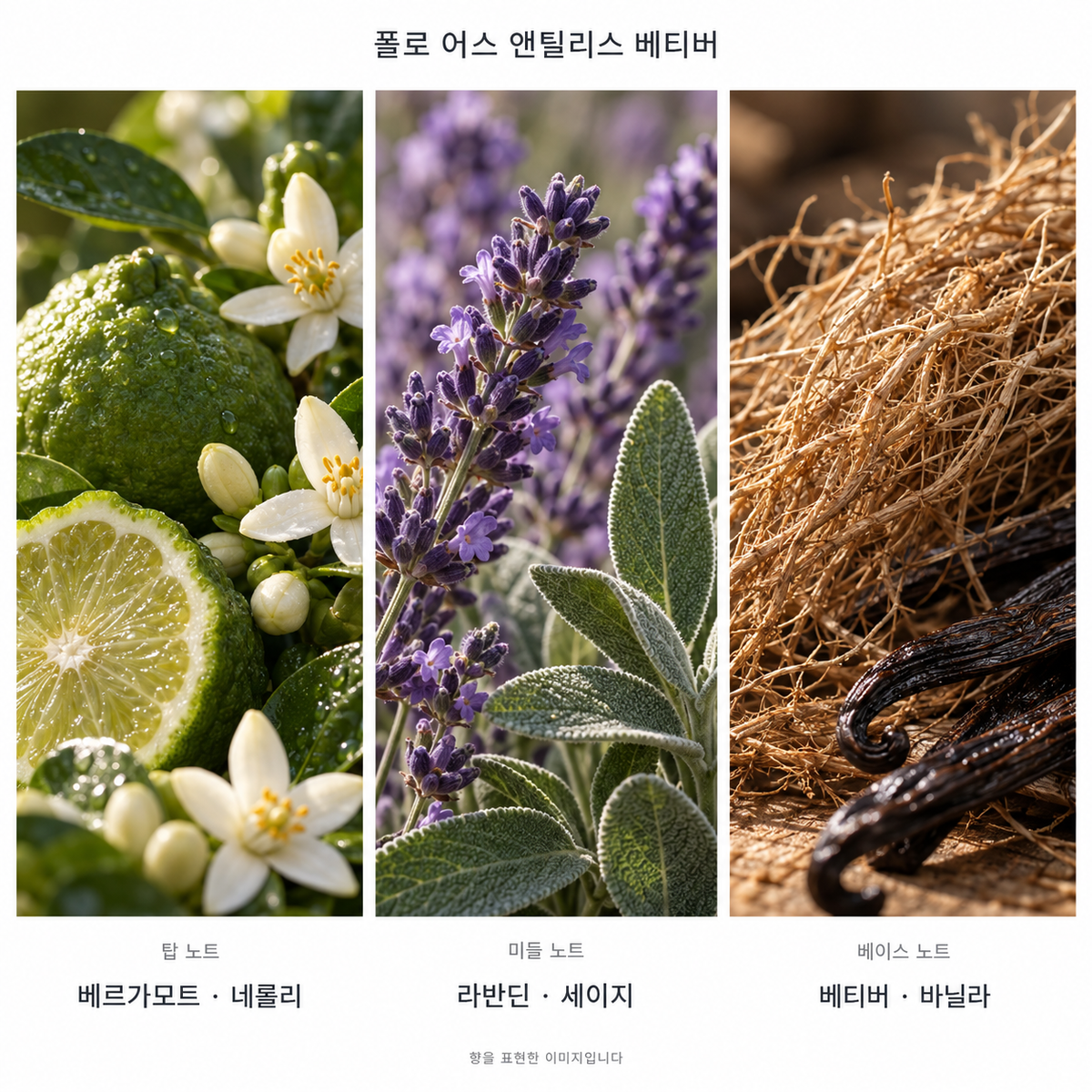 랄프 로렌 폴로 어스 앤틸리스 베티버 오 드 뚜왈렛 100ml 향기 노트: 탑 베르가모트·네롤리, 미들 라반딘·세이지, 베이스 베티버·바닐라. 향을 표현한 이미지입니다.