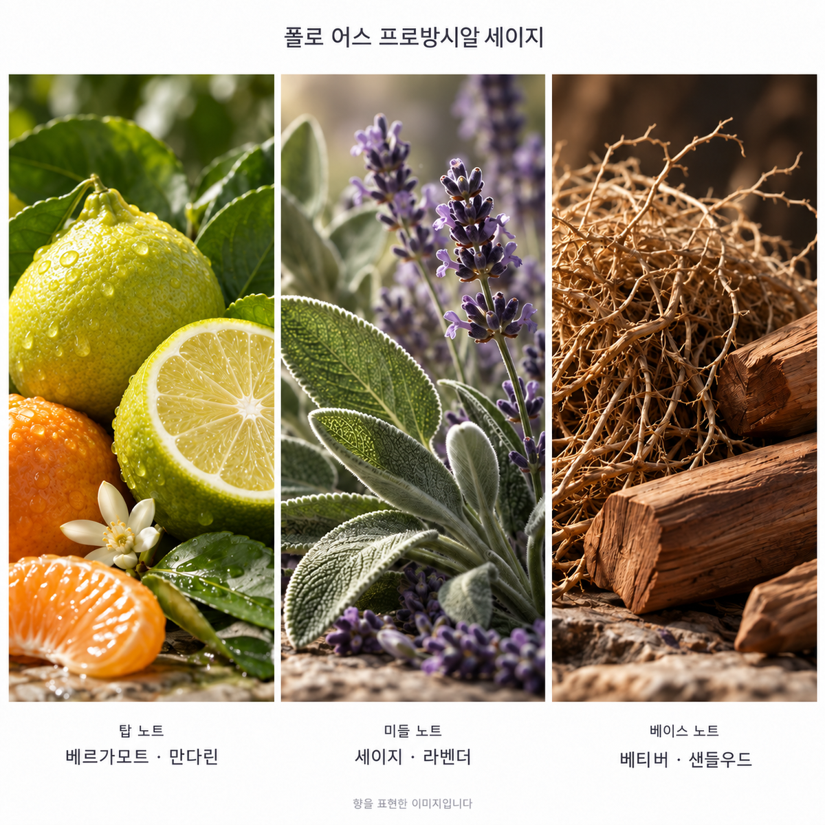 랄프 로렌 폴로 어스 프로방시알 세이지 오 드 뚜왈렛 100ml 향기 노트: 탑 베르가모트·만다린, 미들 세이지·라벤더, 베이스 베티버·샌들우드. 향을 표현한 이미지입니다.