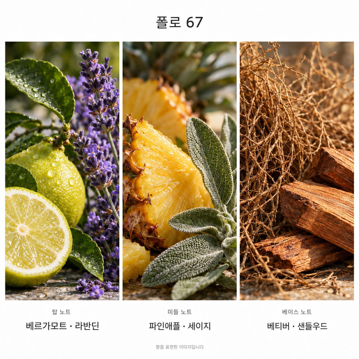 랄프 로렌 폴로 67 오 드 뚜왈렛 125ml 향기 노트: 탑 베르가모트·라반딘, 미들 파인애플·세이지, 베이스 베티버·샌들우드. 향을 표현한 이미지입니다.