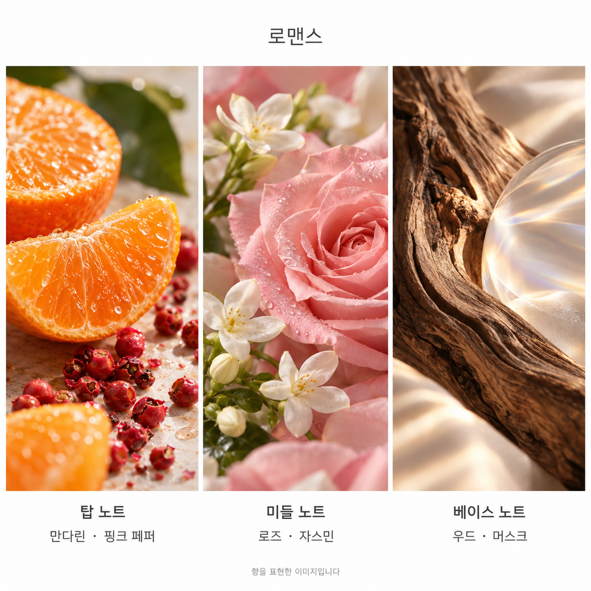 랄프 로렌 로맨스 오 드 퍼퓸 100ml 향기 노트: 탑 만다린·핑크 페퍼, 미들 로즈·자스민, 베이스 우드·머스크. 향을 표현한 이미지입니다.