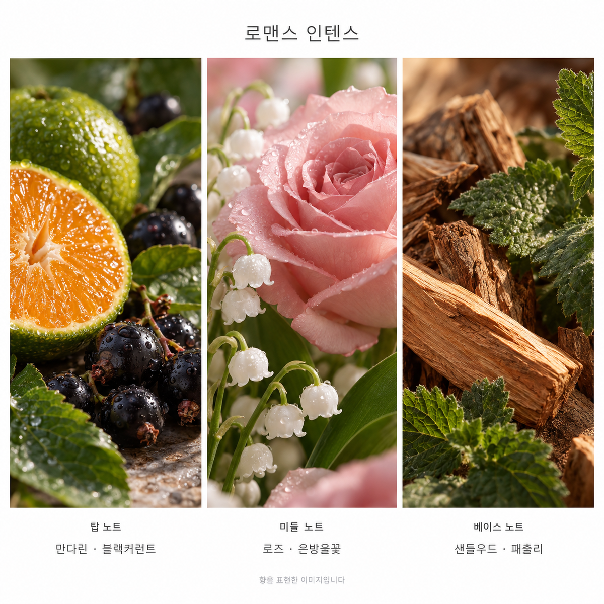 랄프 로렌 로맨스 인텐스 오 드 퍼퓸 100ml 향기 노트: 탑 만다린·블랙커런트, 미들 로즈·은방울꽃, 베이스 샌들우드·패출리. 향을 표현한 이미지입니다.