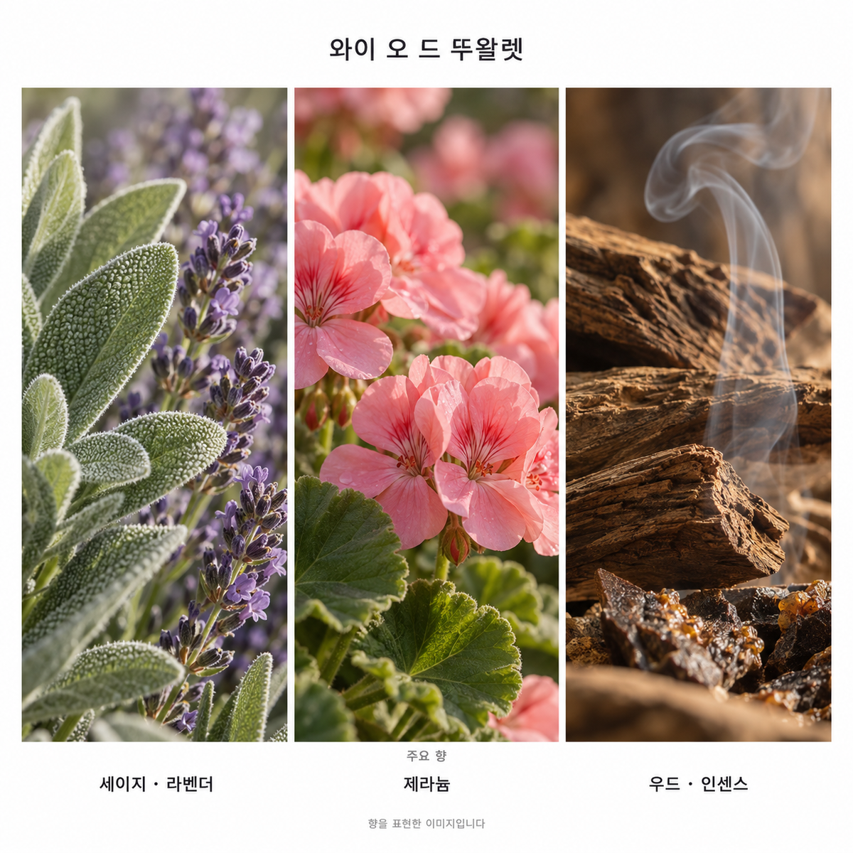 입생로랑 와이 오 드 뚜왈렛 100ml 주요 향: 세이지·라벤더·제라늄·우드·인센스. 향을 표현한 이미지입니다.