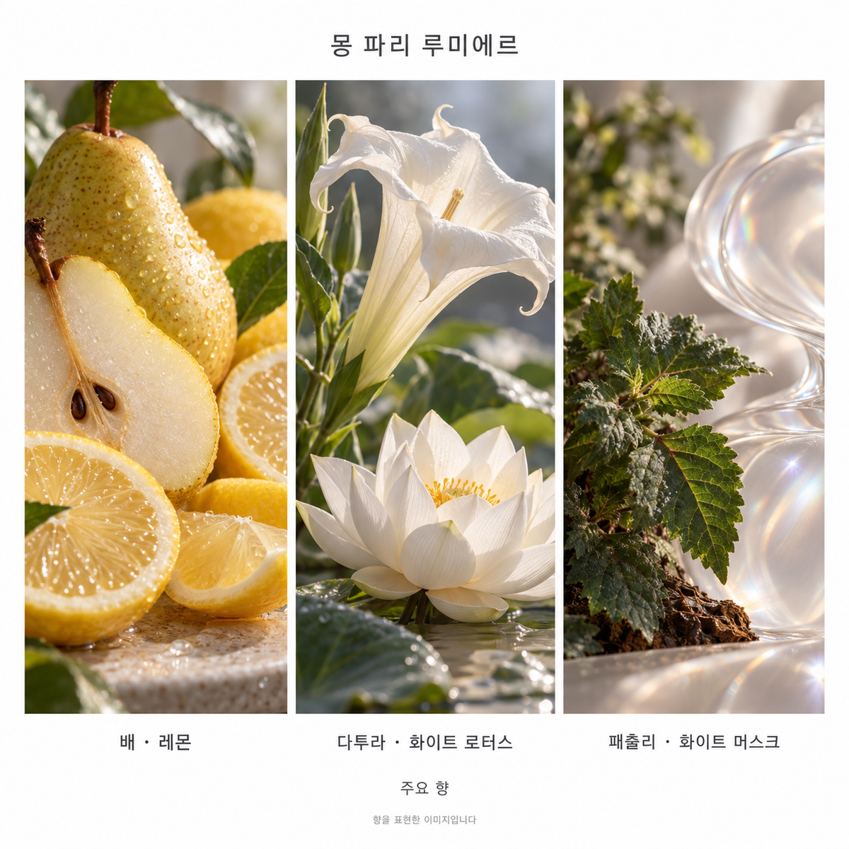 입생로랑 몽 파리 루미에르 오 드 뚜왈렛 90ml 주요 향: 배·레몬, 다투라·화이트 로터스, 패출리·화이트 머스크. 향을 표현한 이미지입니다.
