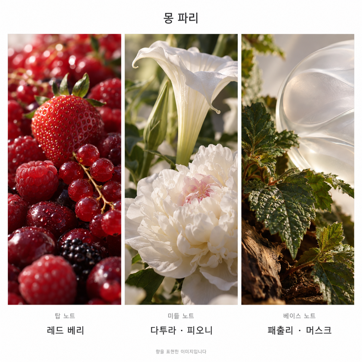 입생로랑 몽 파리 오 드 퍼퓸 90ml 향기 노트: 탑 레드 베리, 미들 다투라·피오니, 베이스 패출리·머스크. 향을 표현한 이미지입니다.