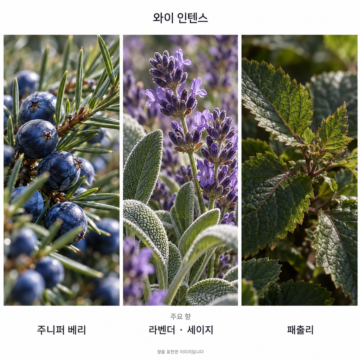 입생로랑 와이 오 드 퍼퓸 인텐스 100ml 주요 향: 주니퍼 베리, 라벤더·세이지, 패출리. 향을 표현한 이미지입니다.