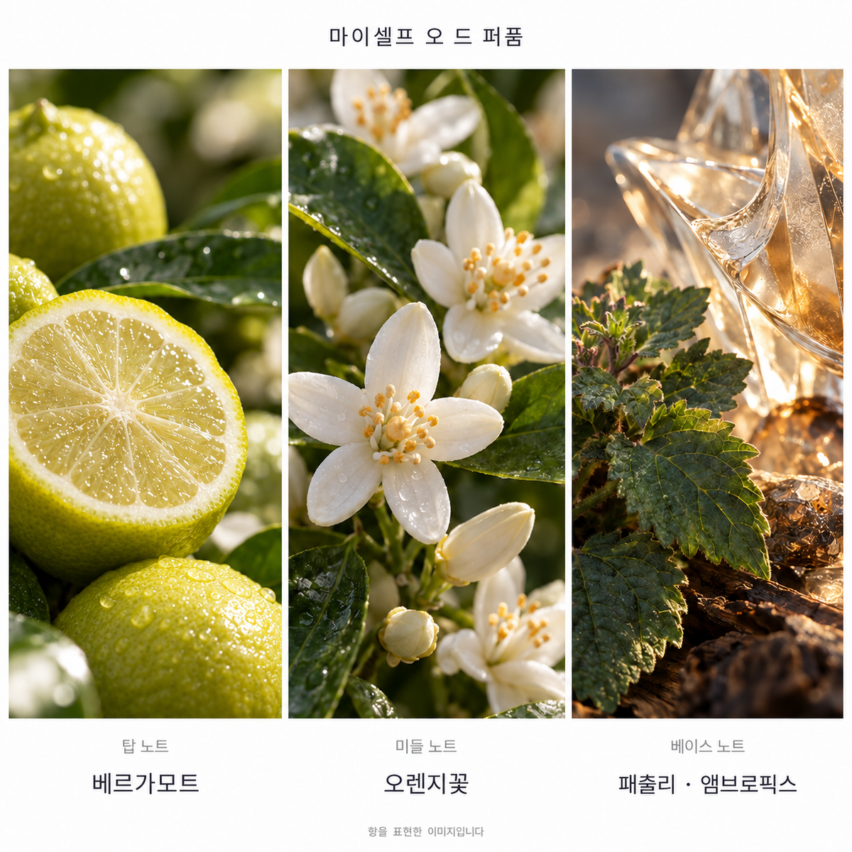 입생로랑 마이셀프 오 드 퍼퓸 100ml 향기 노트: 탑 베르가모트, 미들 오렌지꽃, 베이스 패출리·앰브로픽스. 향을 표현한 이미지입니다.
