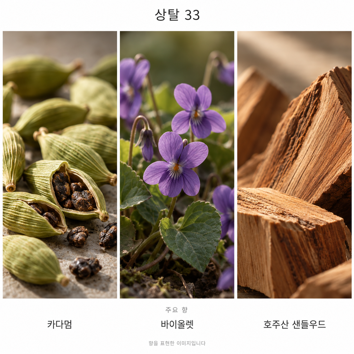 르 라보 상탈 33 오 드 퍼퓸 주요 향: 카다멈·바이올렛·호주산 샌들우드. 향을 표현한 이미지입니다.