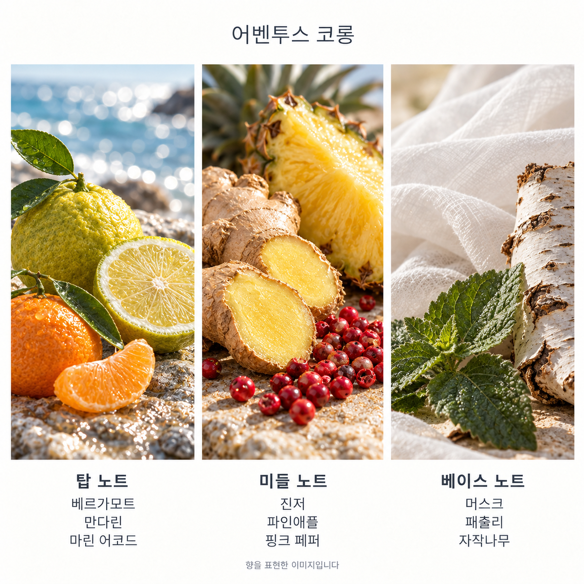 어벤투스 코롱 향 노트: 탑 베르가모트 · 만다린 · 마린 어코드, 미들 진저 · 파인애플 · 핑크 페퍼, 베이스 머스크 · 패출리 · 자작나무. 향을 표현한 이미지입니다.