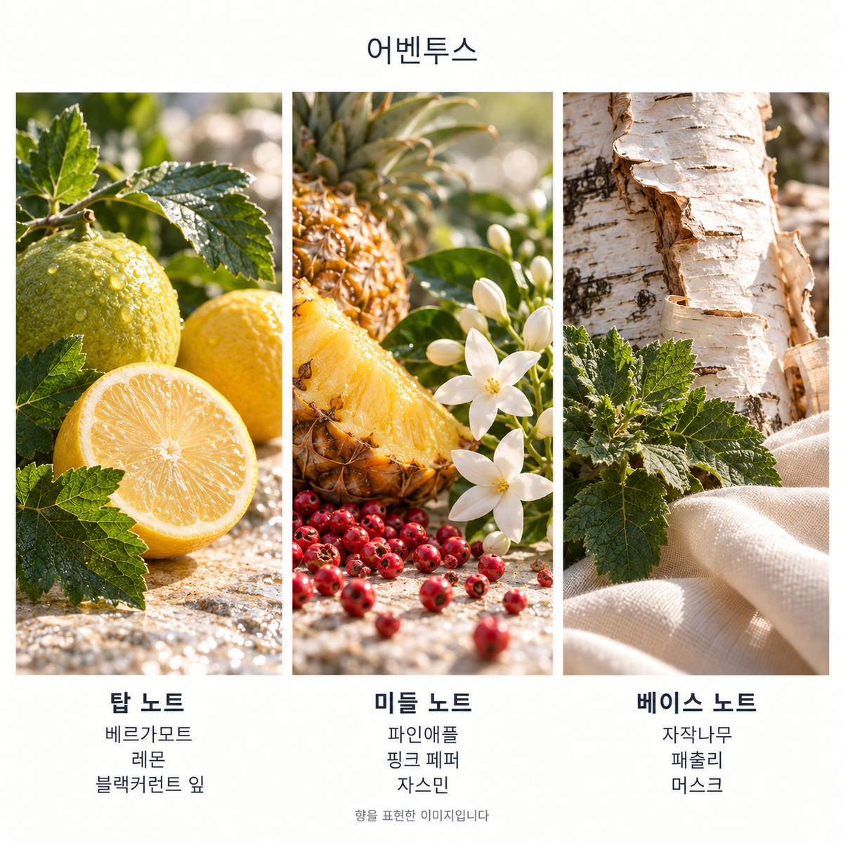 어벤투스 향 노트: 탑 베르가모트 · 레몬 · 블랙커런트 잎, 미들 파인애플 · 핑크 페퍼 · 자스민, 베이스 자작나무 · 패출리 · 머스크. 향을 표현한 이미지입니다.