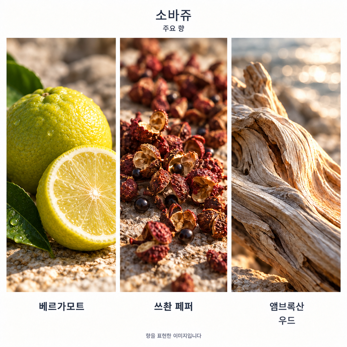 디올 소바쥬 오 드 뚜왈렛 100ml 주요 향: 베르가모트, 쓰촨 페퍼, 앰브록산·우드. 향을 표현한 이미지입니다.