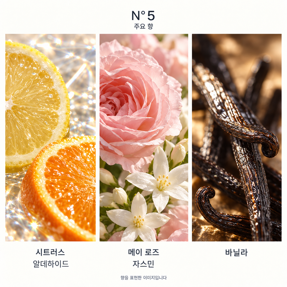 샤넬 넘버 5 오 드 퍼퓸 100ml 주요 향: 시트러스·알데하이드, 메이 로즈·자스민, 바닐라. 향을 표현한 이미지입니다.