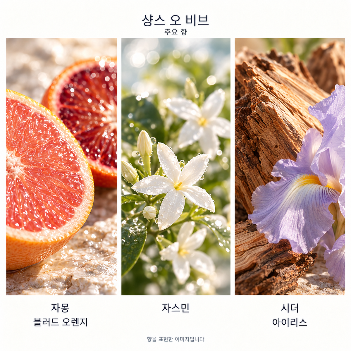 샤넬 샹스 오 비브 오 드 뚜왈렛 100ml 주요 향: 자몽·블러드 오렌지, 자스민, 시더·아이리스. 향을 표현한 이미지입니다.
