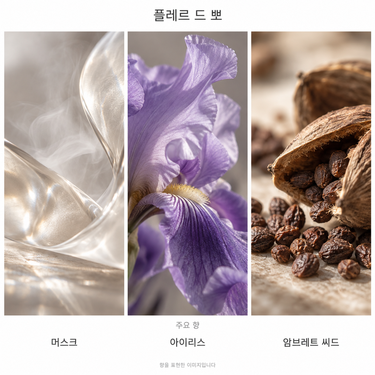 딥티크 플레르 드 뽀 오 드 퍼퓸 주요 향: 머스크·아이리스·암브레트 씨드. 향을 표현한 이미지입니다.