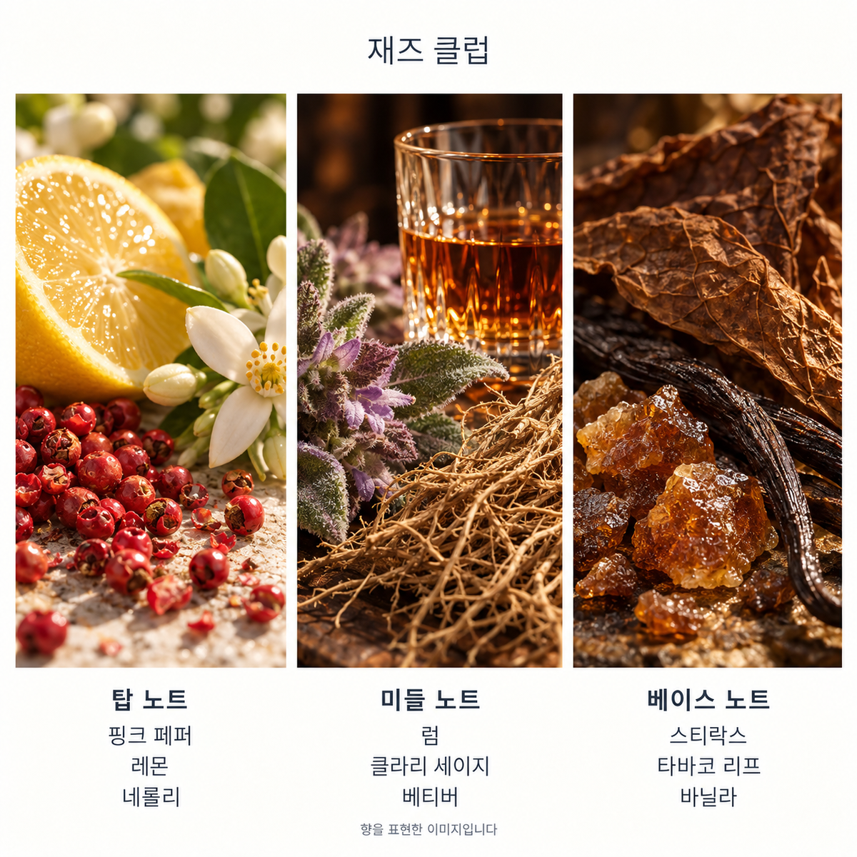 재즈 클럽 향 노트: 탑 핑크 페퍼·레몬·네롤리, 미들 럼·클라리 세이지·베티버, 베이스 스티락스·타바코 리프·바닐라. 향을 표현한 이미지입니다.