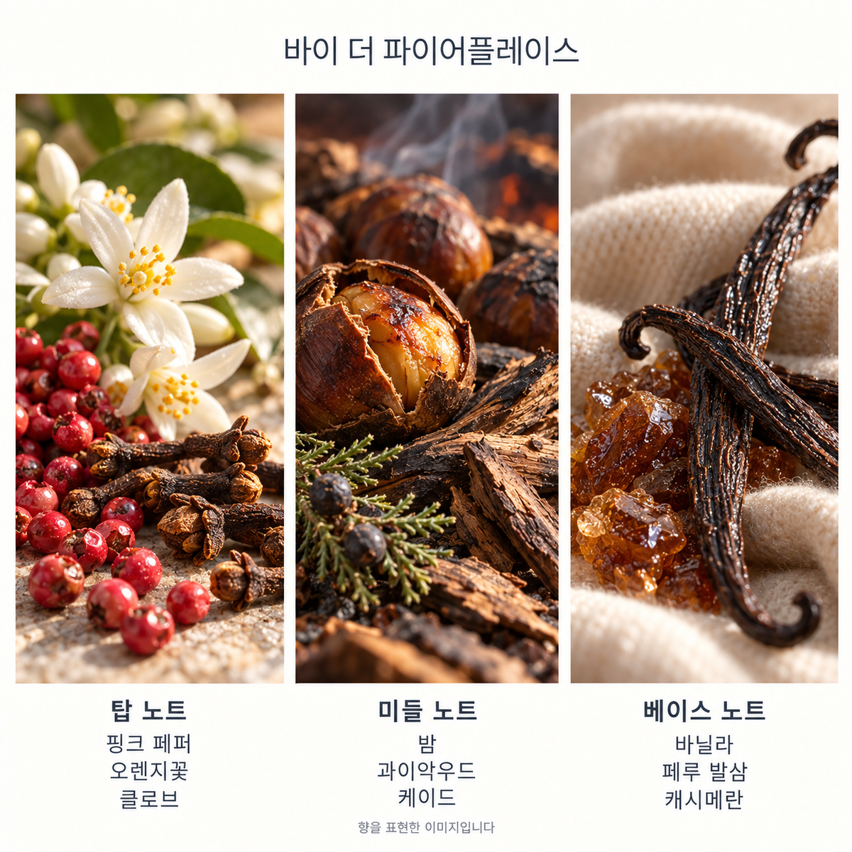 바이 더 파이어플레이스 향 노트: 탑 핑크 페퍼·오렌지꽃·클로브, 미들 밤·과이악우드·케이드, 베이스 바닐라·페루 발삼·캐시메란. 향을 표현한 이미지입니다.