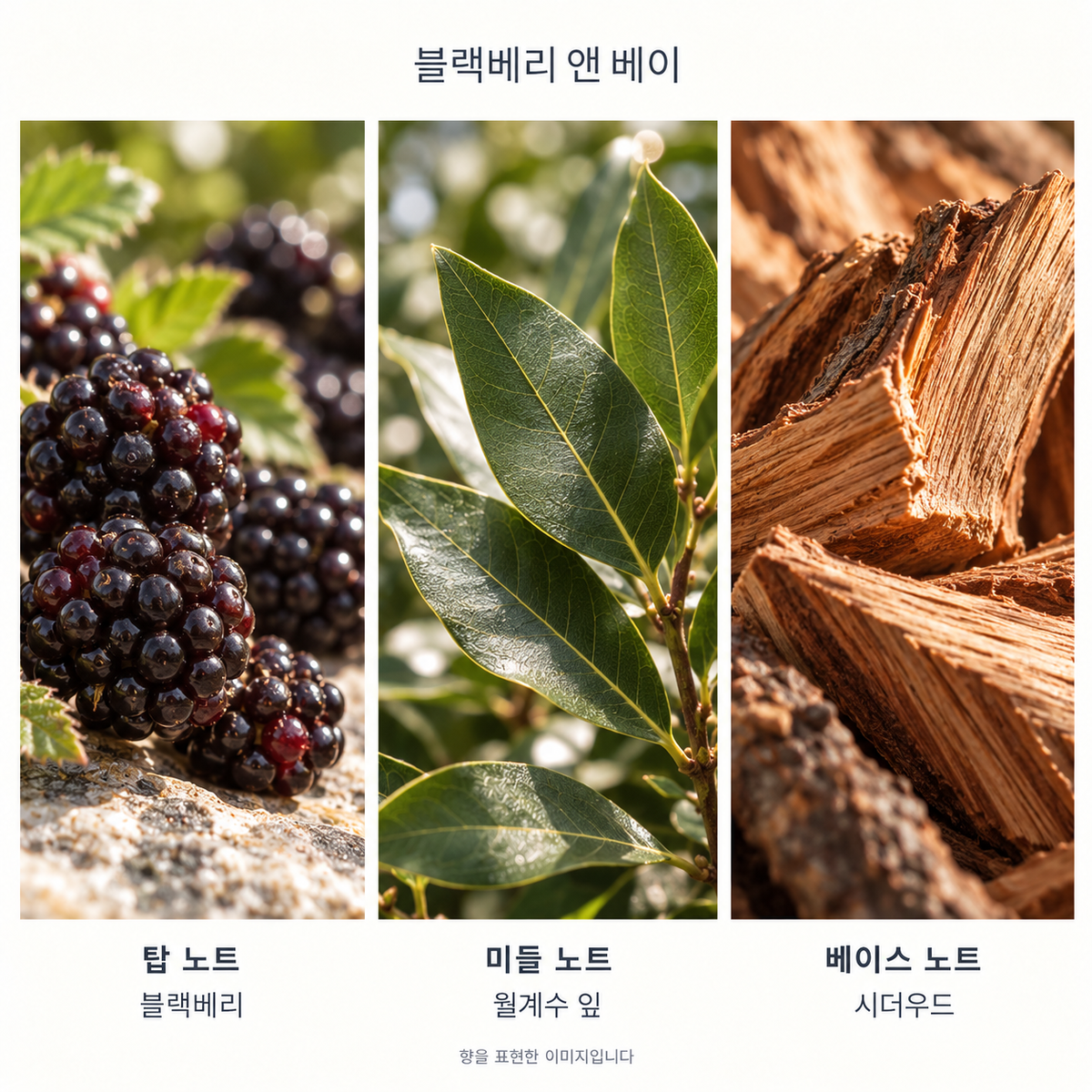 블랙베리 앤 베이 향 노트: 탑 블랙베리, 미들 월계수 잎, 베이스 시더우드. 향을 표현한 이미지입니다.