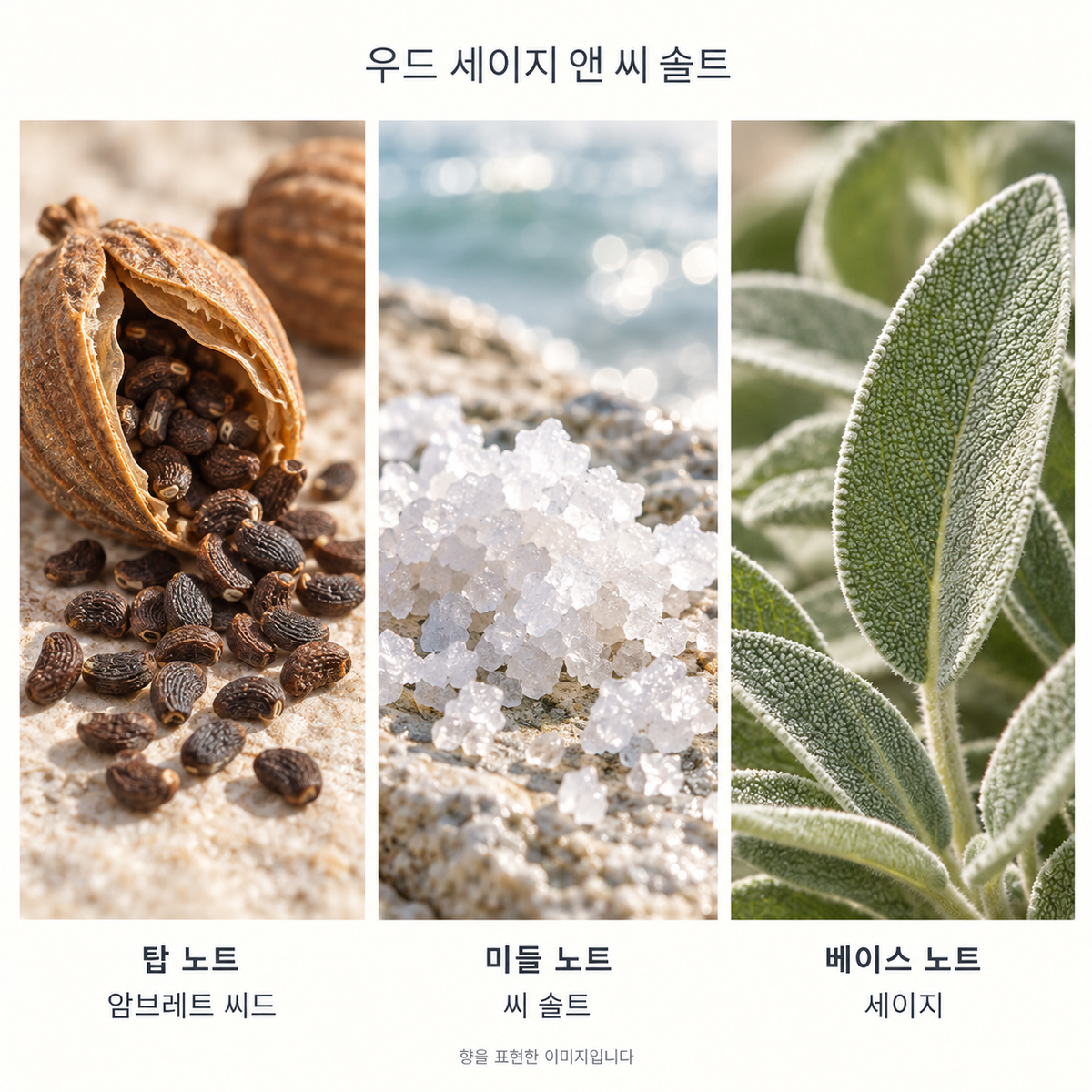 우드 세이지 앤 씨 솔트 향 노트: 탑 암브레트 씨드, 미들 씨 솔트, 베이스 세이지. 향을 표현한 이미지입니다.