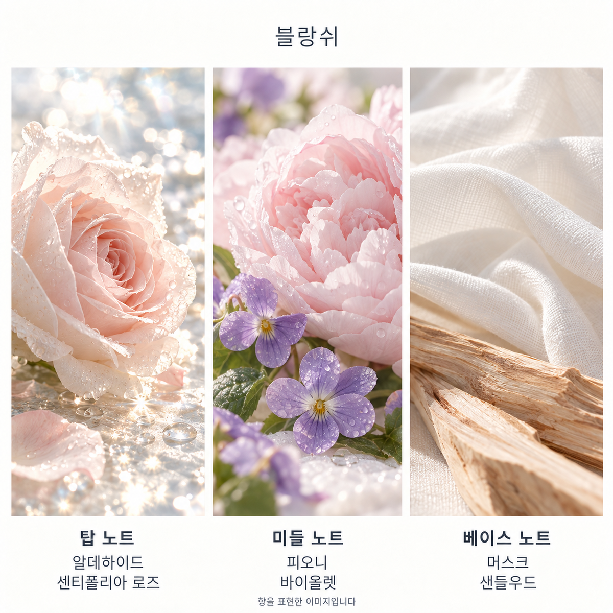 블랑쉬 향 노트: 탑 알데하이드·센티폴리아 로즈, 미들 피오니·바이올렛, 베이스 머스크·샌들우드. 향을 표현한 이미지입니다.