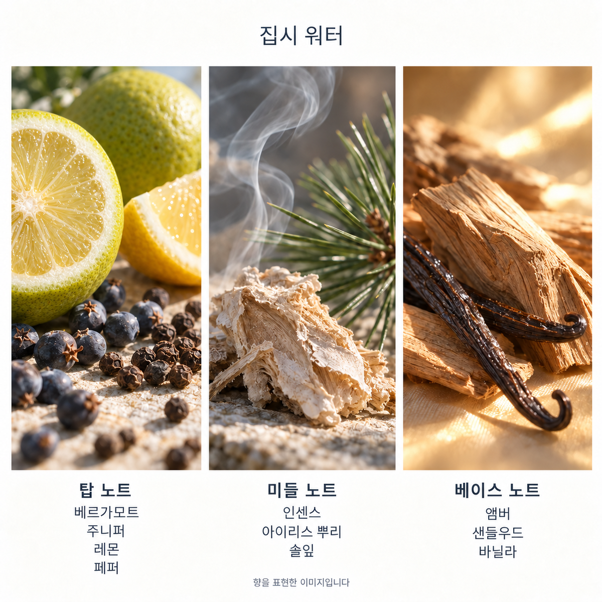 집시 워터 향 노트: 탑 베르가모트·주니퍼·레몬·페퍼, 미들 인센스·아이리스 뿌리·솔잎, 베이스 앰버·샌들우드·바닐라. 향을 표현한 이미지입니다.