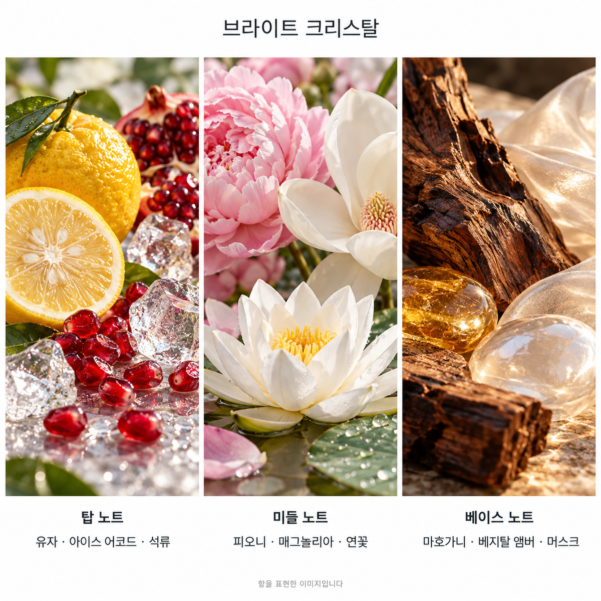 브라이트 크리스탈 향 노트: 탑 유자 · 아이스 어코드 · 석류, 미들 피오니 · 매그놀리아 · 연꽃, 베이스 마호가니 · 베지탈 앰버 · 머스크. 향을 표현한 이미지입니다.