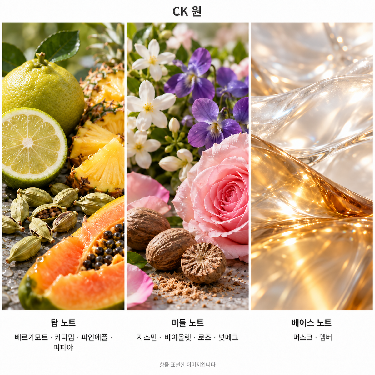 CK 원 향 노트: 탑 베르가모트 · 카다멈 · 파인애플 · 파파야, 미들 자스민 · 바이올렛 · 로즈 · 넛메그, 베이스 머스크 · 앰버. 향을 표현한 이미지입니다.