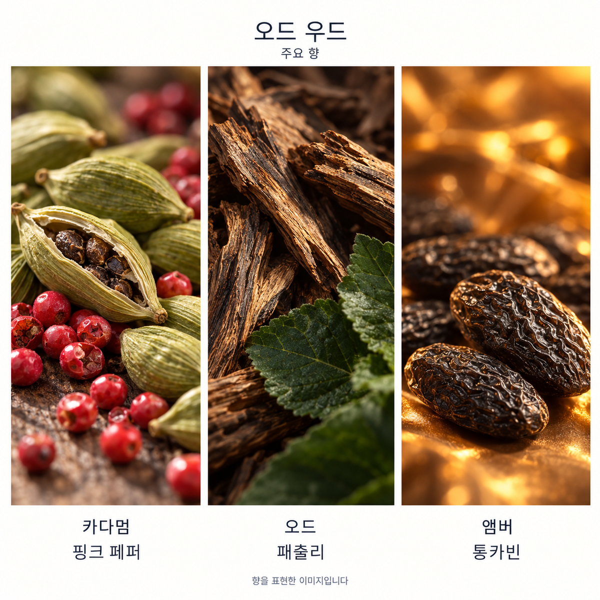 톰 포드 오드 우드 오 드 퍼퓸 주요 향: 카다멈·핑크 페퍼·오드·패출리·앰버·통카빈. 향을 표현한 이미지입니다.