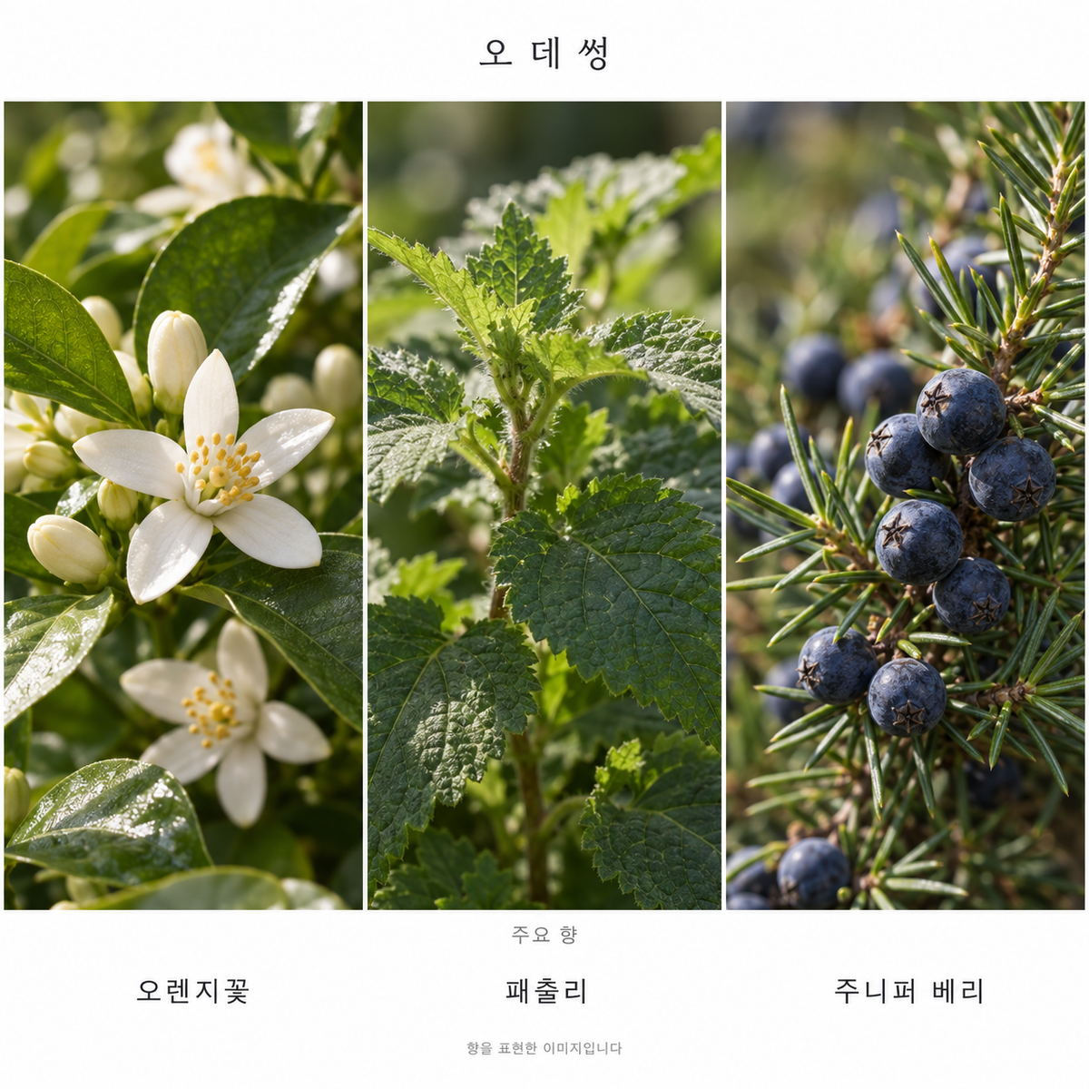딥티크 오 데 썽 오 드 뚜왈렛 주요 향: 오렌지꽃·패출리·주니퍼 베리. 향을 표현한 이미지입니다.