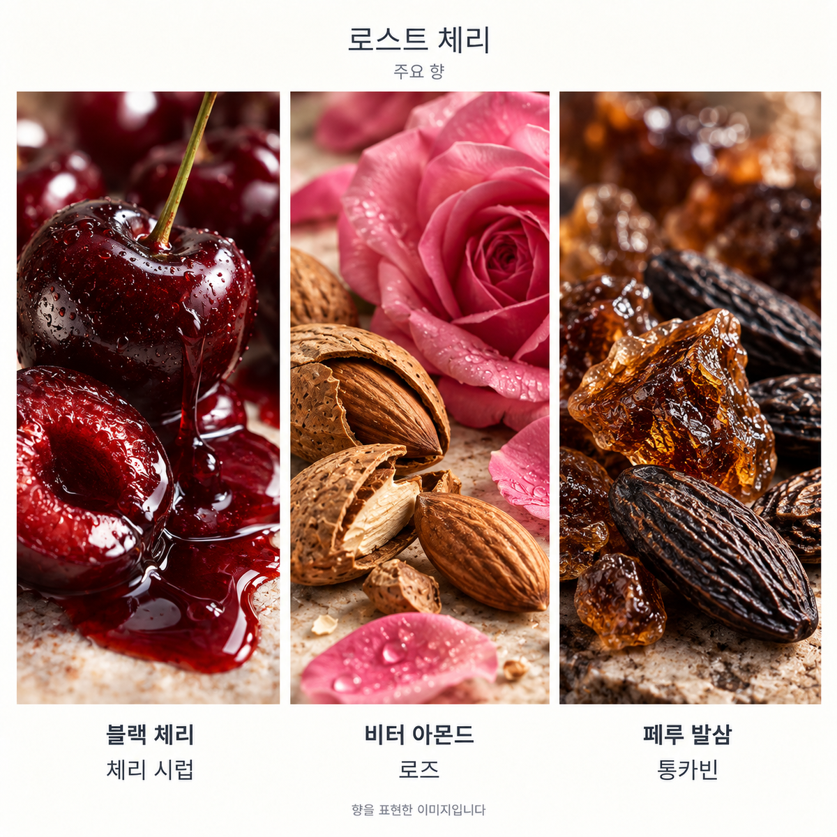 톰 포드 로스트 체리 오 드 퍼퓸 주요 향: 블랙 체리·체리 시럽·비터 아몬드·로즈·페루 발삼·통카빈. 향을 표현한 이미지입니다.