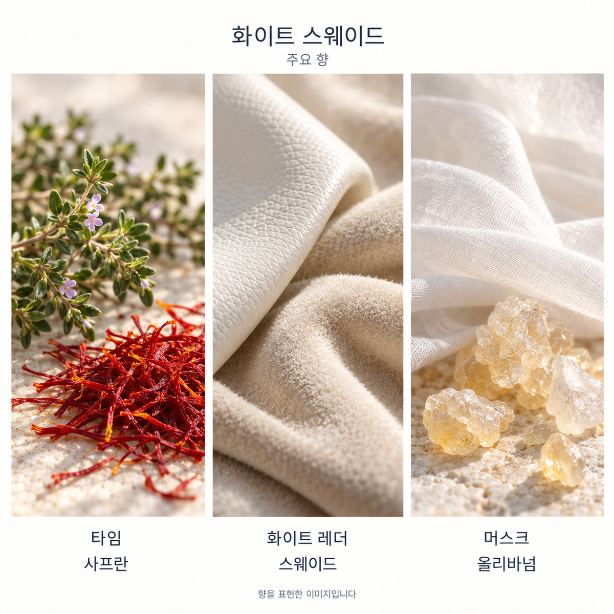 톰 포드 화이트 스웨이드 오 드 퍼퓸 주요 향: 타임·사프란·화이트 레더·스웨이드·머스크·올리바넘. 향을 표현한 이미지입니다.