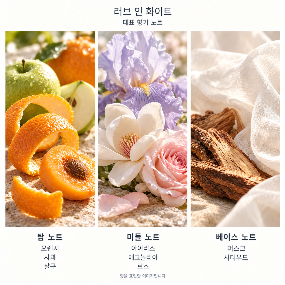 러브 인 화이트 대표 향기 노트: 탑 오렌지·사과·살구, 미들 아이리스·매그놀리아·로즈, 베이스 머스크·시더우드. 향을 표현한 이미지입니다.