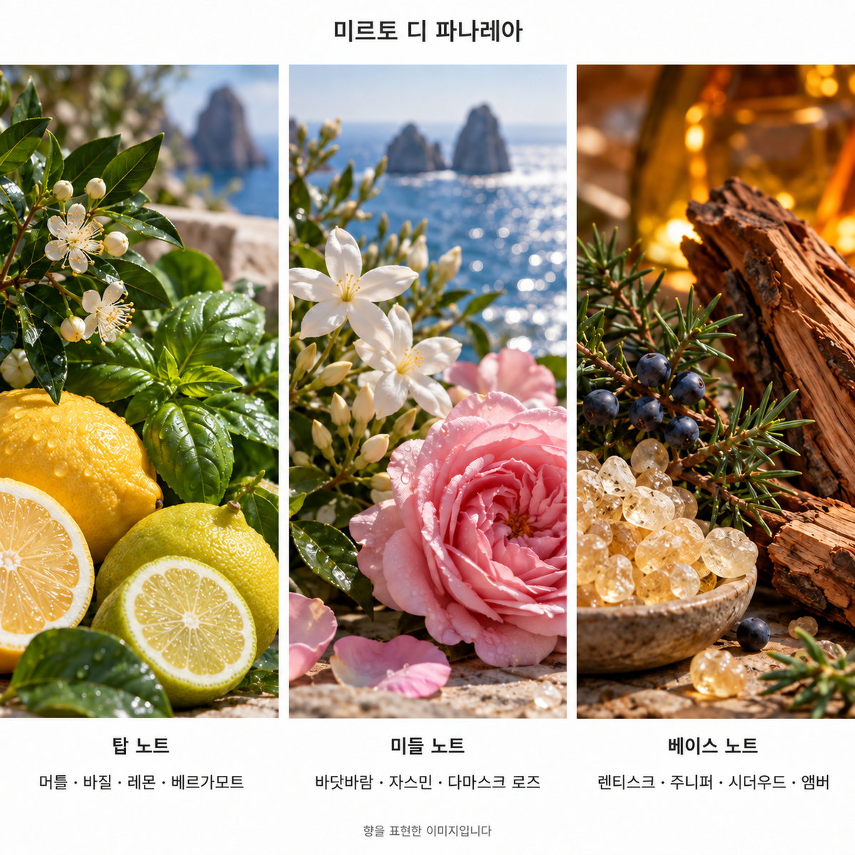 미르토 디 파나레아 향 노트: 탑 머틀 · 바질 · 레몬 · 베르가모트, 미들 바닷바람 · 자스민 · 다마스크 로즈, 베이스 렌티스크 · 주니퍼 · 시더우드 · 앰버. 향을 표현한 이미지입니다.