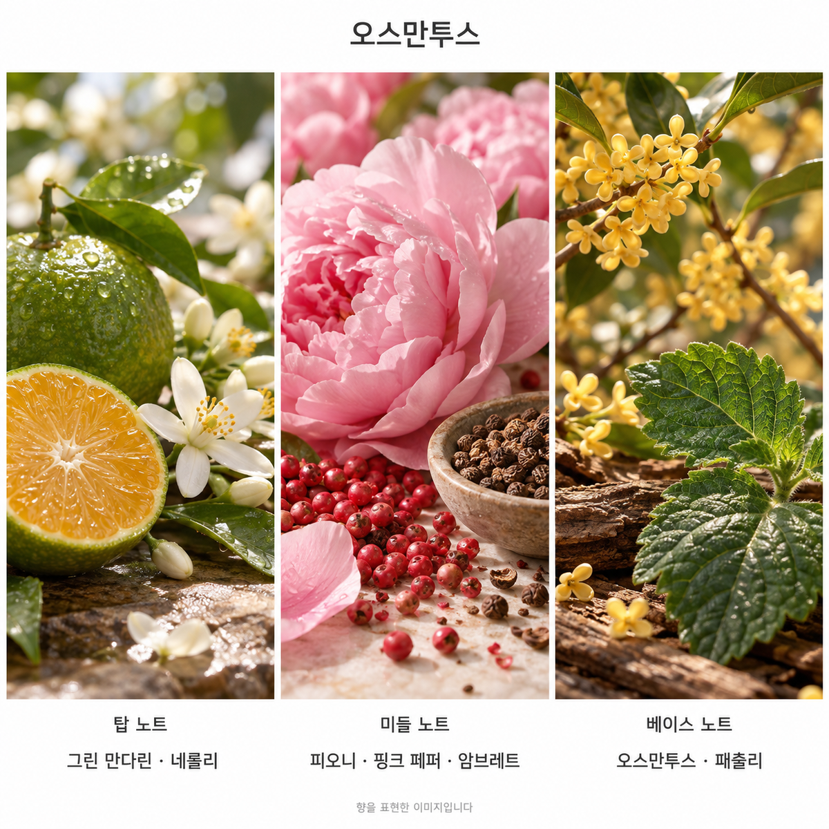 오스만투스 향 노트: 탑 그린 만다린·네롤리, 미들 피오니·핑크 페퍼·암브레트, 베이스 오스만투스·패출리. 향을 표현한 이미지입니다.