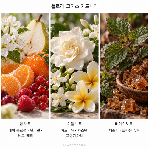 플로라 고저스 가드니아 향 노트: 탑 페어 블로썸·만다린·레드 베리, 미들 가드니아·자스민·프랑지파니, 베이스 패출리·브라운 슈거. 향을 표현한 이미지입니다.