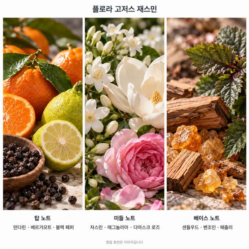 플로라 고저스 자스민 향 노트: 탑 만다린 · 베르가모트 · 블랙 페퍼, 미들 자스민 · 매그놀리아 · 다마스크 로즈, 베이스 샌들우드 · 벤조인 · 패출리. 향을 표현한 이미지입니다.