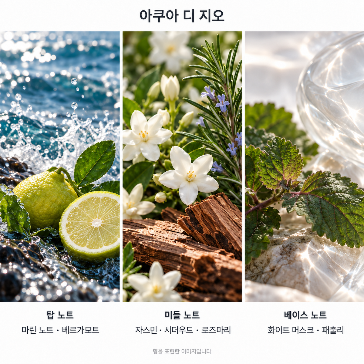 아쿠아 디 지오 향 노트: 탑 마린 노트·베르가모트, 미들 자스민·시더우드·로즈마리, 베이스 화이트 머스크·패출리. 향을 표현한 이미지입니다.