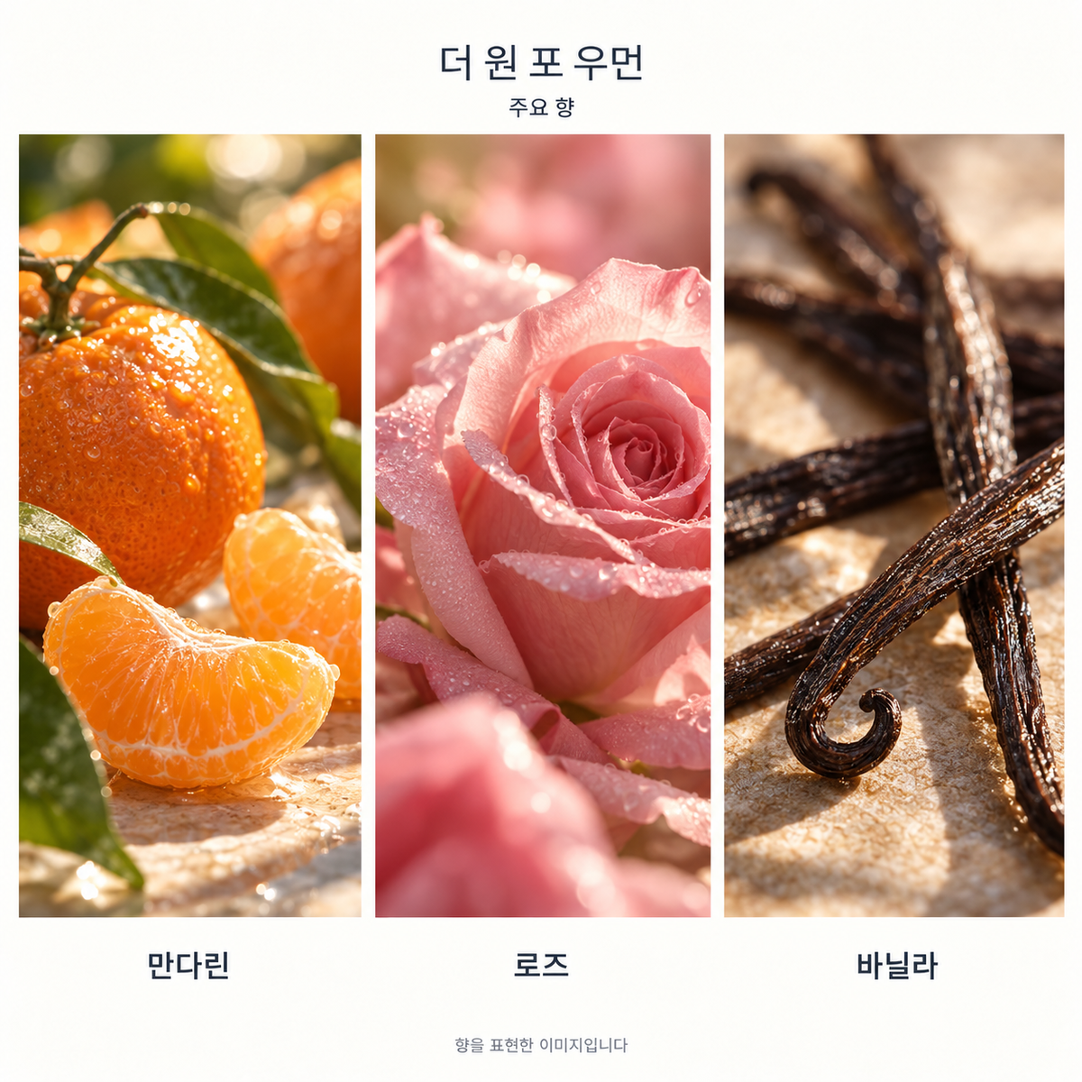돌체앤가바나 더 원 포 우먼 오 드 퍼퓸 주요 향: 만다린·로즈·바닐라. 향을 표현한 이미지입니다.