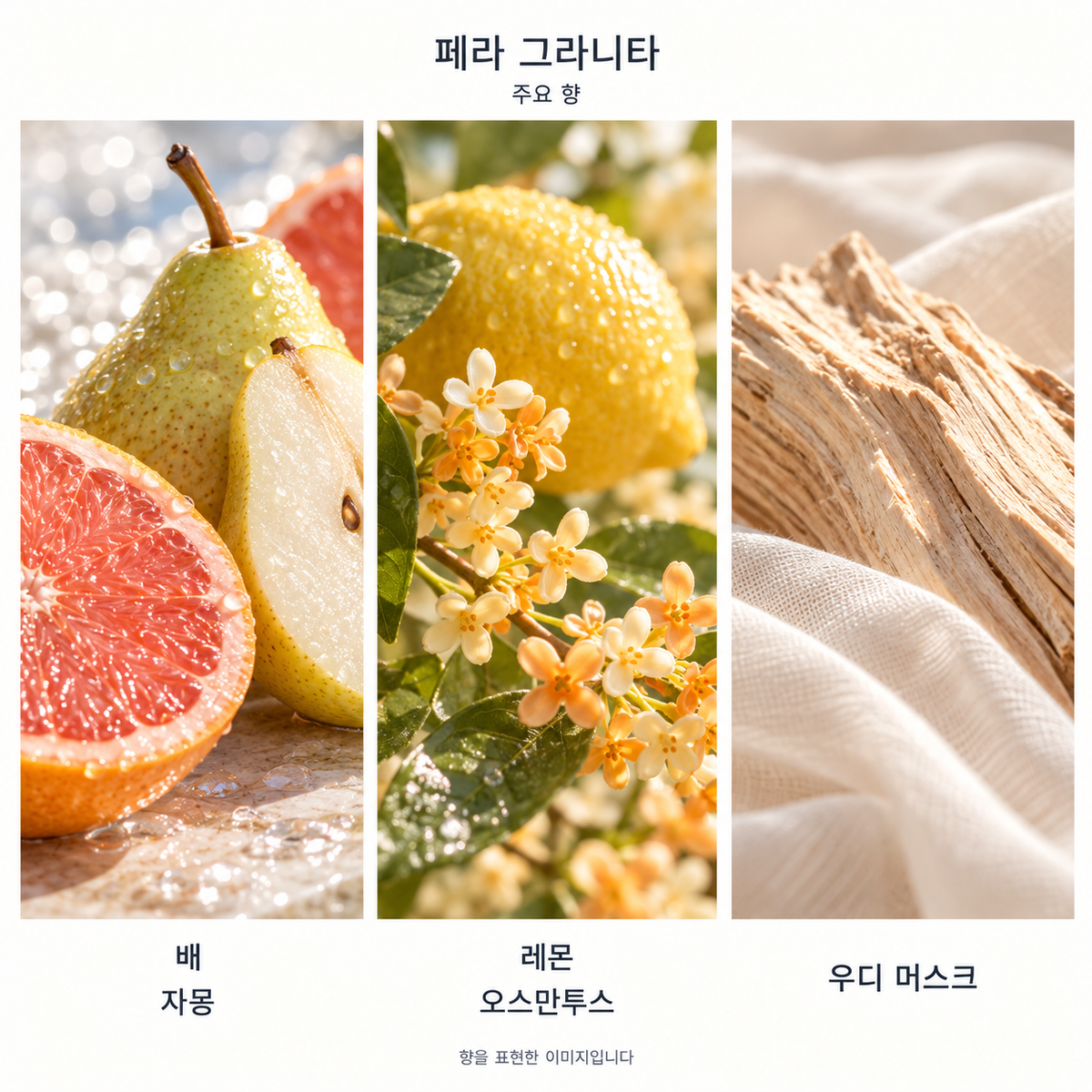 겔랑 아쿠아 알레고리아 페라 그라니타 오 드 뚜왈렛 주요 향: 배·자몽·레몬·오스만투스·우디 머스크. 향을 표현한 이미지입니다.
