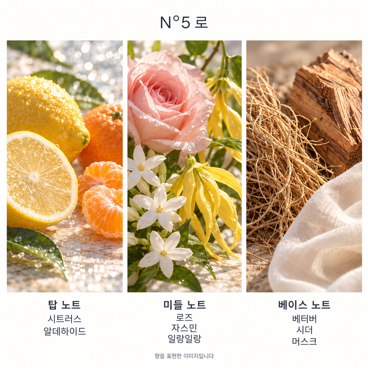 N°5 로 향 노트: 탑 시트러스·알데하이드, 미들 로즈·자스민·일랑일랑, 베이스 베티버·시더·머스크. 향을 표현한 이미지입니다.