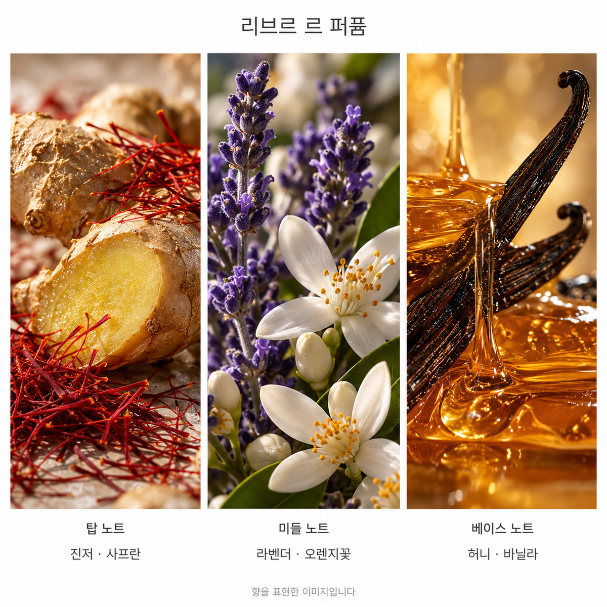 입생로랑 리브르 르 퍼퓸 90ml 향기 노트: 탑 진저·사프란, 미들 라벤더·오렌지꽃, 베이스 허니·바닐라. 향을 표현한 이미지입니다.
