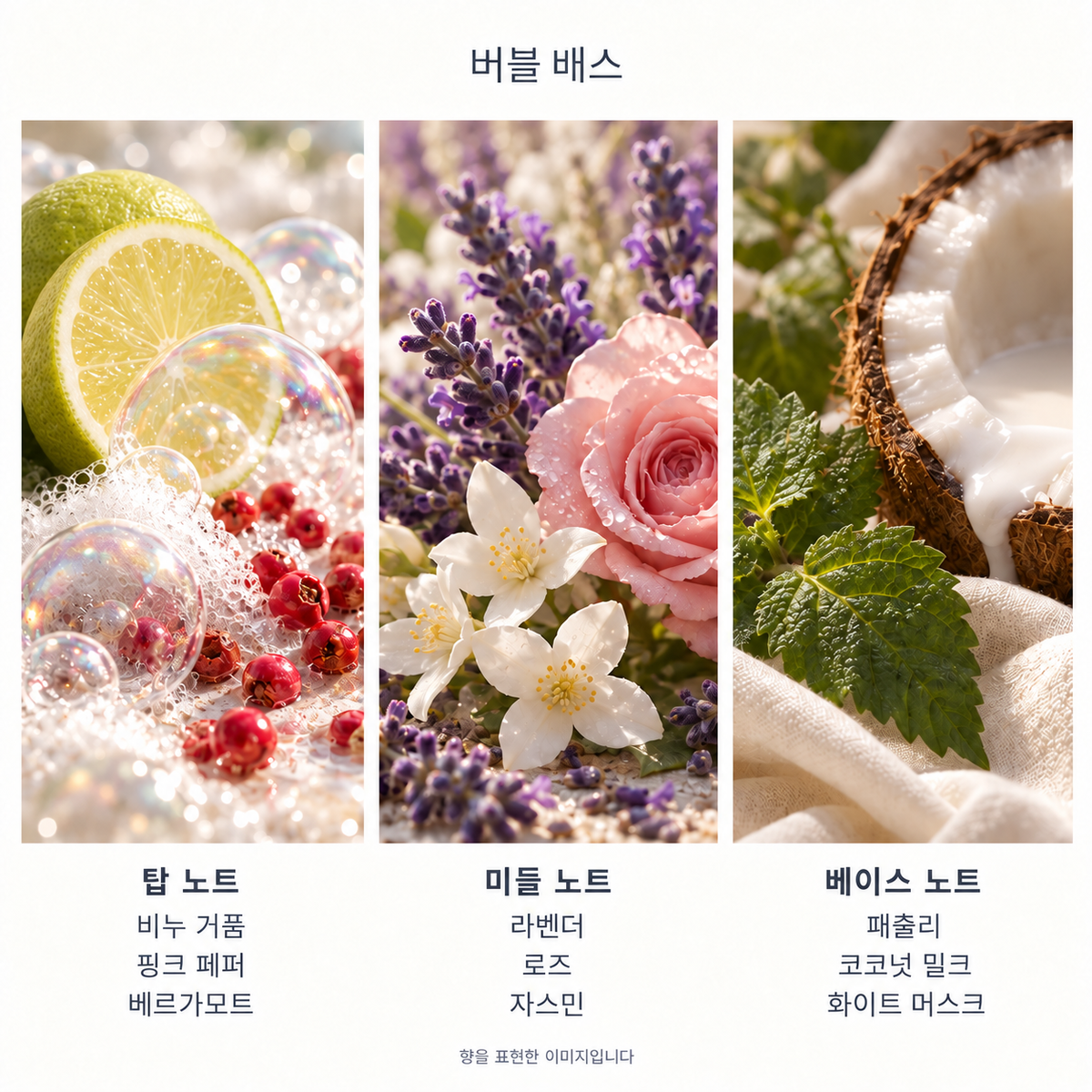 버블 배스 향 노트: 탑 비누 거품·핑크 페퍼·베르가모트, 미들 라벤더·로즈·자스민, 베이스 패출리·코코넛 밀크·화이트 머스크. 향을 표현한 이미지입니다.