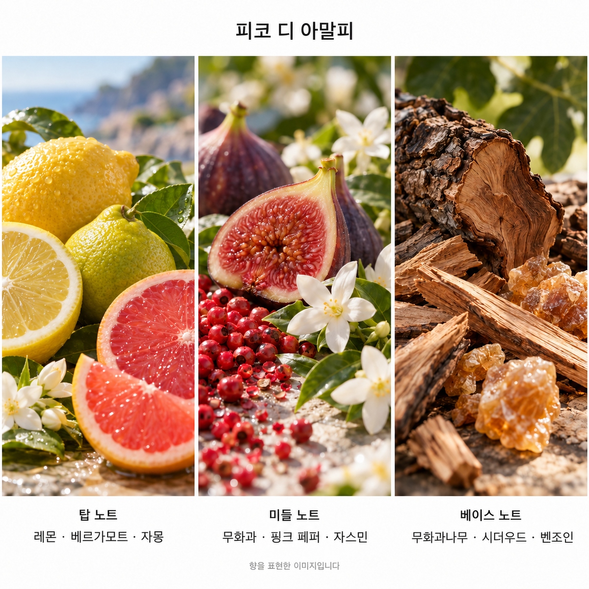 피코 디 아말피 향 노트: 탑 레몬·베르가모트·자몽, 미들 무화과·핑크 페퍼·자스민, 베이스 무화과나무·시더우드·벤조인. 향을 표현한 이미지입니다.