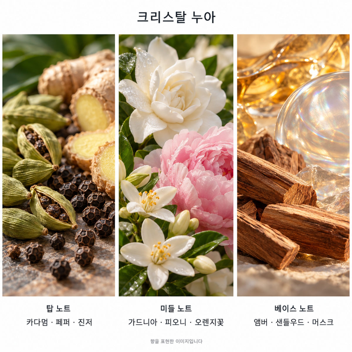크리스탈 누아 향 노트: 탑 카다멈·페퍼·진저, 미들 가드니아·피오니·오렌지꽃, 베이스 앰버·샌들우드·머스크. 향을 표현한 이미지입니다.