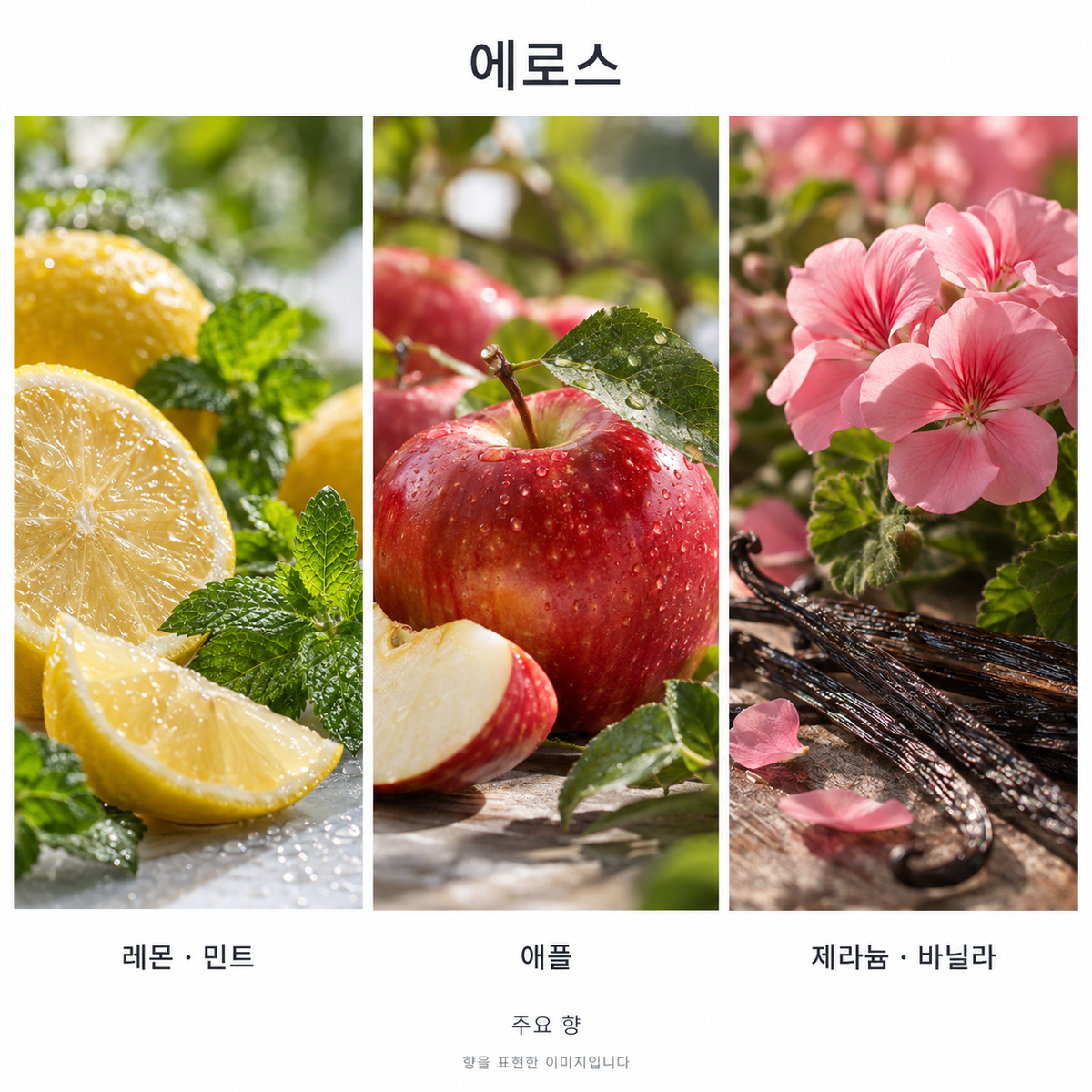 베르사체 에로스 오 드 뚜왈렛 주요 향: 레몬·민트·애플·제라늄·바닐라. 향을 표현한 이미지입니다.